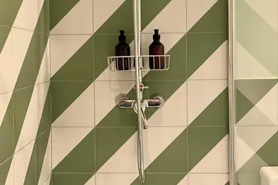 a shower with two bottles on a green and white wall at Casa Juana in Valencia