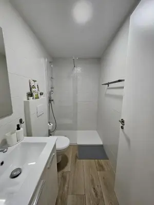a white bathroom with a toilet and a shower at Chic Escape Apartment in Godella
