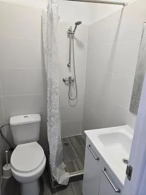 a bathroom with a toilet and a shower and a sink at Habitaciones La Estación in Algemesí