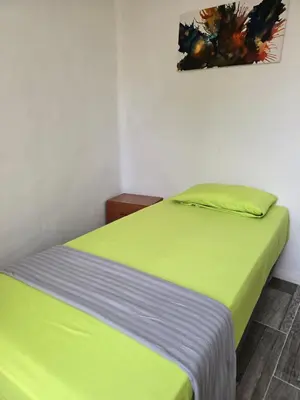 a bedroom with a bed with a green bedspread and avertisement at Habitaciones La Estación in Algemesí