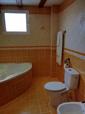 a bathroom with a toilet and a tub and a sink at Valencia Casa Rosa in Sedaví