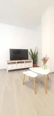 a living room with a tv and a coffee table at Habitaciones VIP en Vivienda Compartida, Muy Céntricas, Ruzafa Centro, Bonitas y Tranquilas in Valencia