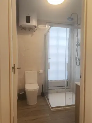 a bathroom with a toilet and a glass shower at Central Cozy Ground Floor Studio in Valencia