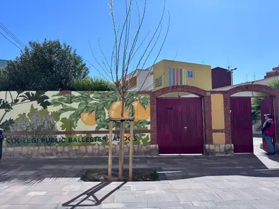 a tree in front of a building with purple doors at Habitación privada con baño privado I in Valencia