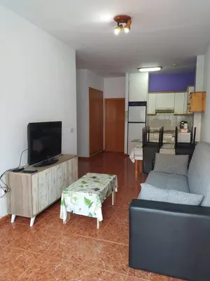 a living room with a couch and a tv at Apartamento Canet de Berenguer con terraza exterior a 100m de la playa in Canet de Berenguer