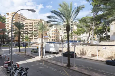 a city street with palm trees and a street light at Pasaje Alzira 4B, 1-3 in Cullera