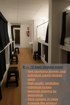 a room with bunk beds and stools in it at Cozy Nook in Valencia