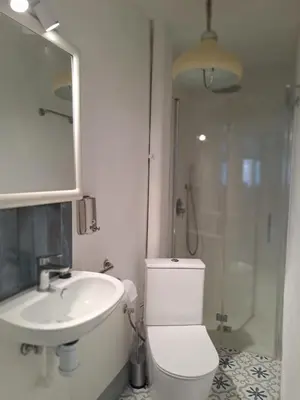 a bathroom with a toilet and a sink and a shower at El Cap de Pedra in Calles