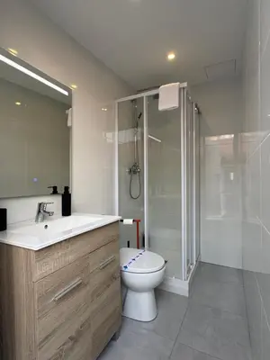 a bathroom with a toilet and a shower and a sink at Casa Alan in Burriana