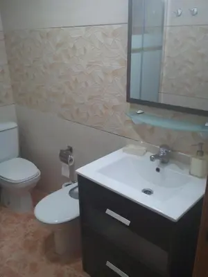 a bathroom with a toilet and a sink and a mirror at Ca Erik in Mareny Barraquetas