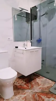 a bathroom with a white toilet and a mirror at Piso perfecto in Mislata