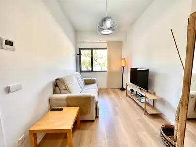 a living room with a couch and a tv at Turia view apartment in Valencia