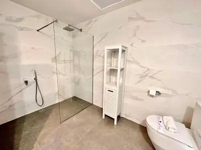 a white bathroom with a shower and a toilet at Turia view apartment in Valencia