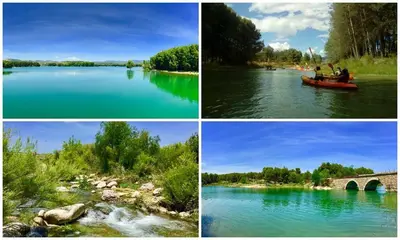 four different pictures of a river with people in a boat at Estudio Finca Mas el Bravo in Caudiel