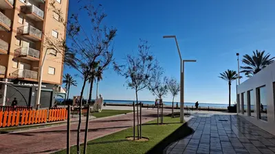 a sidewalk next to a beach with palm trees and a building at Sea and Sun con vistas a la playa San Antoni in Cullera
