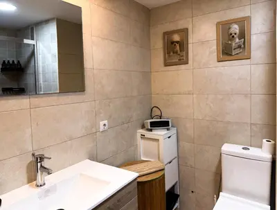 a bathroom with a sink and a toilet and a mirror at Apartmento en 5 Mares in Puebla de Farnals