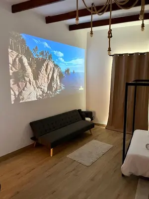 a living room with a couch and a painting on the wall at Apartamento acogedor frente a Plaza de la Iglesia in Valencia