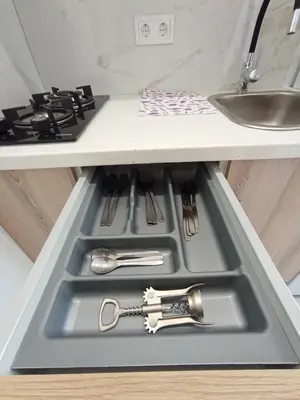 a drawer in a kitchen with a sink and utensils at Estudios Diego in Puerto de Sagunto
