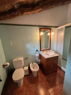 a bathroom with a toilet and a sink and a mirror at La Ontina Alojamientos Rurales in Abejuela