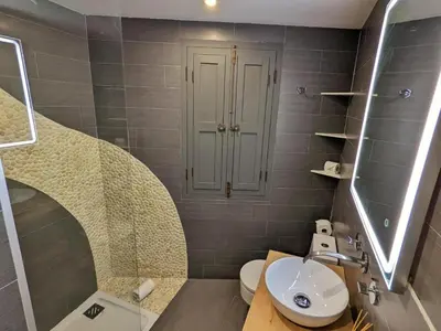 a bathroom with a sink and a toilet and a mirror at Hotel Catalina Suites in Valencia