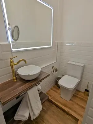 a bathroom with a sink and a toilet at Hotel Catalina Suites in Valencia