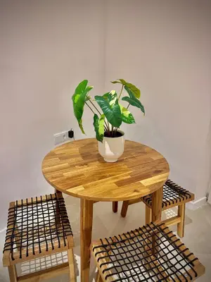 a wooden table with a potted plant on top of it at Glamour Suite 2 next to the city center in Valencia