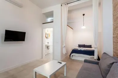 a living room with a couch and a bed at New Flat center historic Ruzafa Wifi AC in Valencia