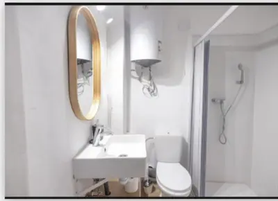 a bathroom with a sink and a toilet and a mirror at Suite centro con cocina in Valencia