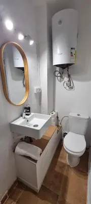 a bathroom with a sink and a toilet and a mirror at Suite centro con cocina in Valencia