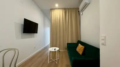 a living room with a green couch and a tv at Boutique Room - Vila Prades in Valencia