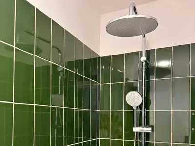 a green tiled bathroom with a shower at Ruzafa & Oceanografic Suites by Illetes Flats in Valencia