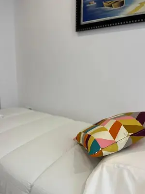 a pillow on a white couch with a picture on the wall at Terraza 120 m2 y paellero - Metro & Aeropuerto in Manises