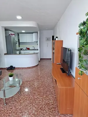 a living room with a tv and a kitchen at Comfortable apartment in the Feria 2 area in Valencia