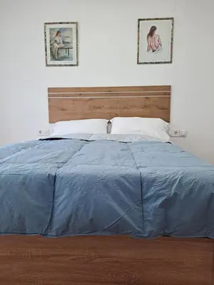 a bed with a blue blanket on top of it at Comfortable apartment in the Feria 2 area in Valencia