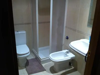 a bathroom with a toilet and a shower and a sink at Great apartment in Sciences City in Valencia