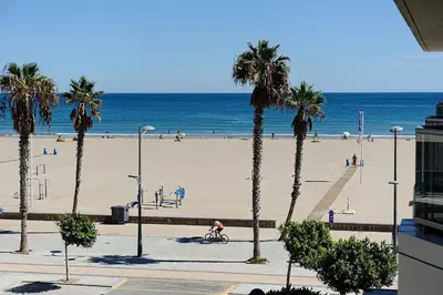 a beach with palm trees and people on the beach at Ático Exclusivo del Siglo XVI con Dos Terrazas en el Corazón de Ciutat Vella in Valencia