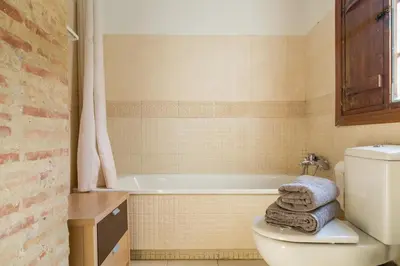 a bathroom with a toilet and a bath tub at Ático Exclusivo del Siglo XVI con Terraza Privada en el Corazón de Ciutat Vella in Valencia