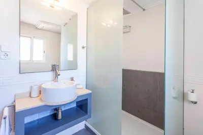 a bathroom with a sink and a glass shower at Penthouse apartment historical center in Valencia