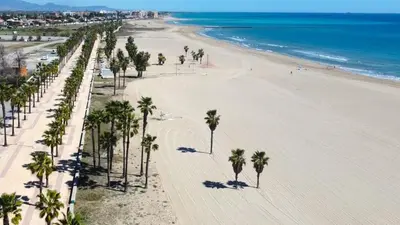 an aerial view of a beach with palm trees at Mar y montaña in Nules