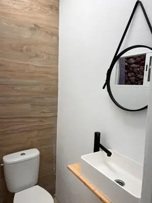 a bathroom with a white toilet and a mirror at Restored house near Valencia in Simat de Valldigna