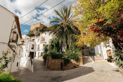 a city street with buildings and a palm tree at Brisas Chulilla Loft with Terrace in Chulilla