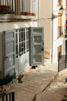 a cat is sitting in front of a door at Brisas Chulilla Boutique Apartment in Chulilla