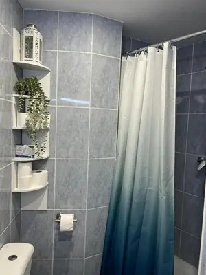 a bathroom with a shower curtain and a toilet at La Llum de Serra in Serra