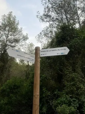 a street sign on top of a wooden pole at El Cortijo a cielo abierto entre montañas in Estivella