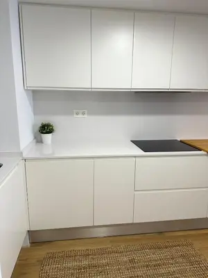 a white kitchen with white cabinets and a potted plant at 60m2 Cozy Apartament in Valencia