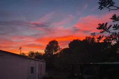 a sunset in the sky with a building and trees at A place where nothing is expected in Náquera