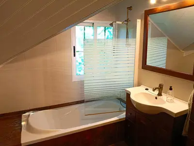 a bathroom with a bath tub and a sink at La Villa Blanca in Pedralba