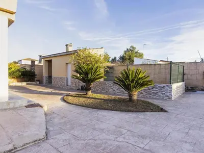 a driveway with two palm trees in front of a house at Winahost Villa Unión in Puebla de Vallbona