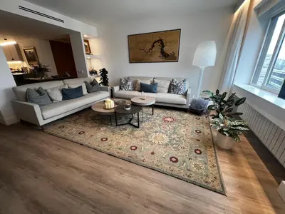 a living room with a couch and a rug at Bright spacious luxury apartment in Valencia
