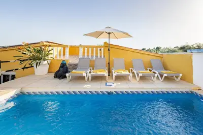 a dog sitting next to a pool with chairs and an umbrella at Casa Rosa Longterm Living and Workspace in Monserrat